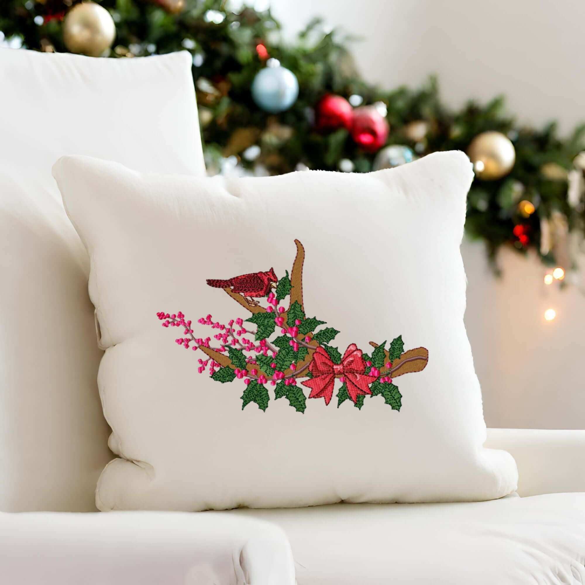 Cardinal in Holly Branch - Machine Embroidery Design - 5 Sizes