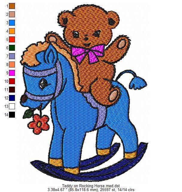 Teddy on Rocking Horse - Machine Embroidery Design - 3 SizesEmbroidery Designs