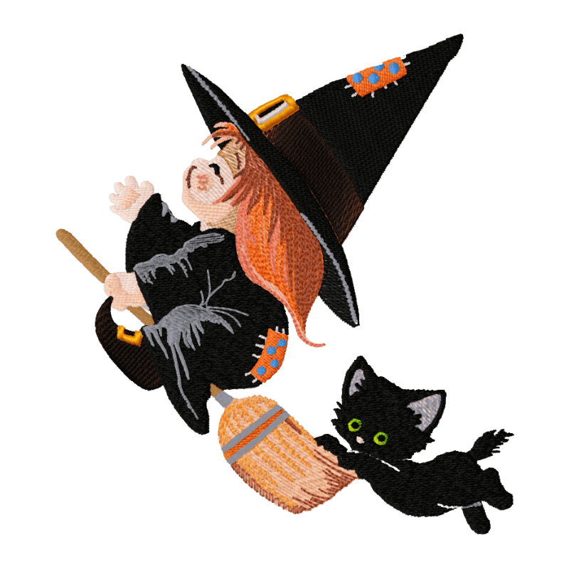 Little Witch and her Cat - Embroidery Design - 3 SizesEmbroidery Designs