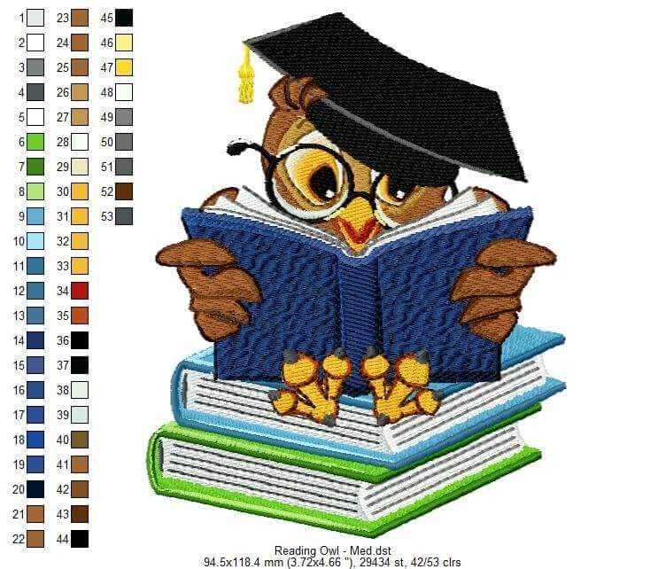 Reading Owl - Machine Embroidery Design - 3 SizesEmbroidery Designs