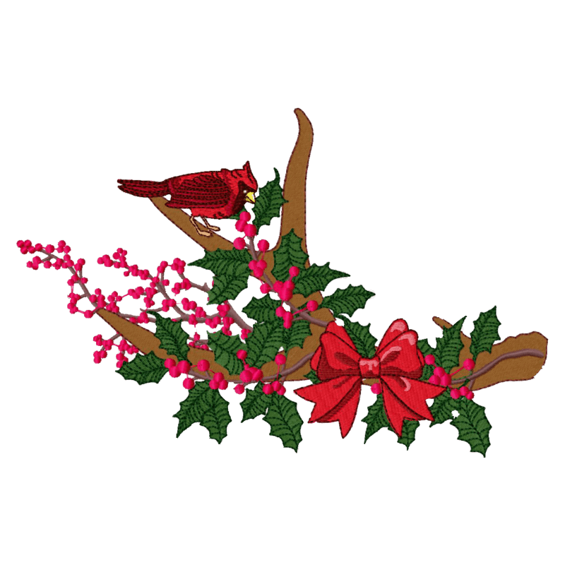 Cardinal in Holly Branch - Machine Embroidery Design - 4 SizesEmbroidery Designs